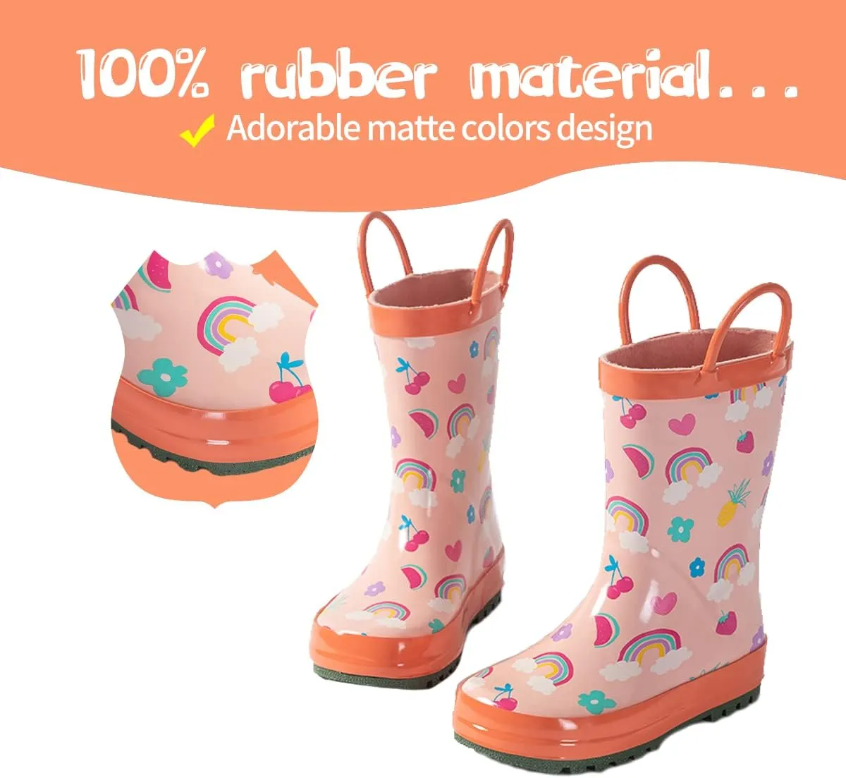 Kids Rain Boots - Toddler Waterproof Rubber Kids Rain Boots for Girls and Boys with Fun Patterns and Easy-On Handles