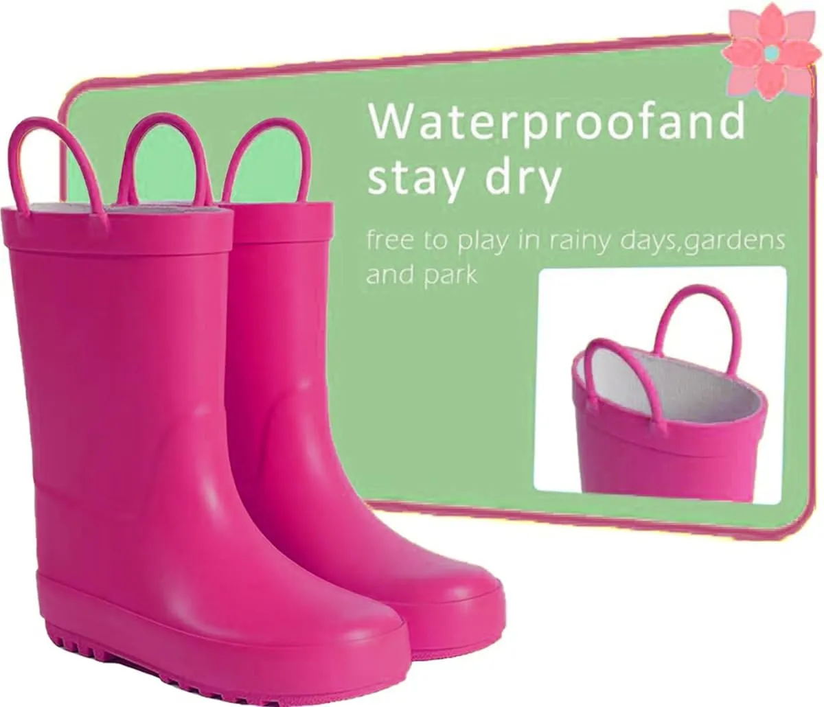 Kids Rain Boots - Toddler Waterproof Rubber Kids Rain Boots for Girls and Boys with Fun Patterns and Easy-On Handles