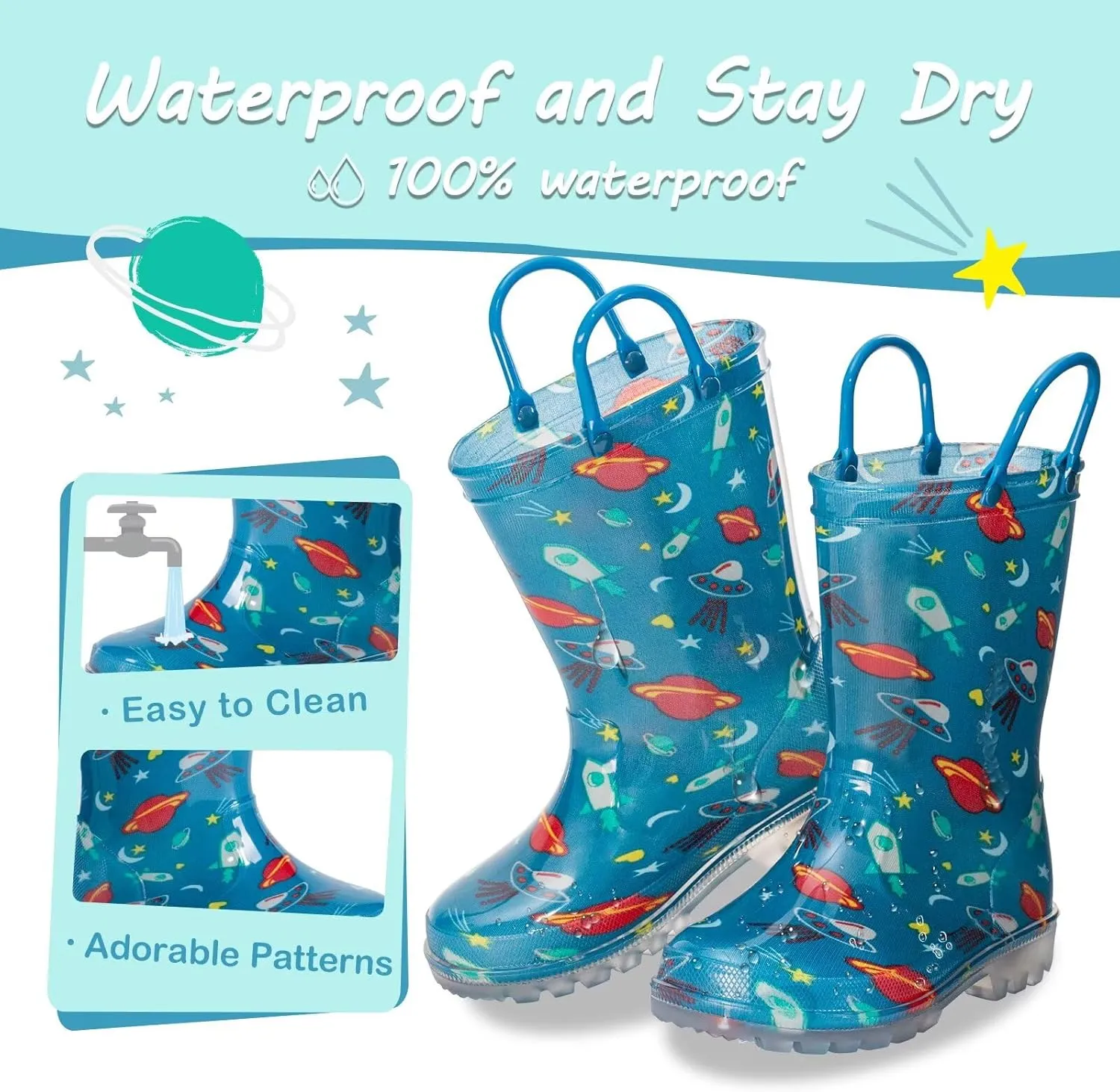 Kids Toddler Rain Boots for Girls Boys Light Up Waterproof Rain Shoes Patterns and Glitter Boot with Easy On Handles