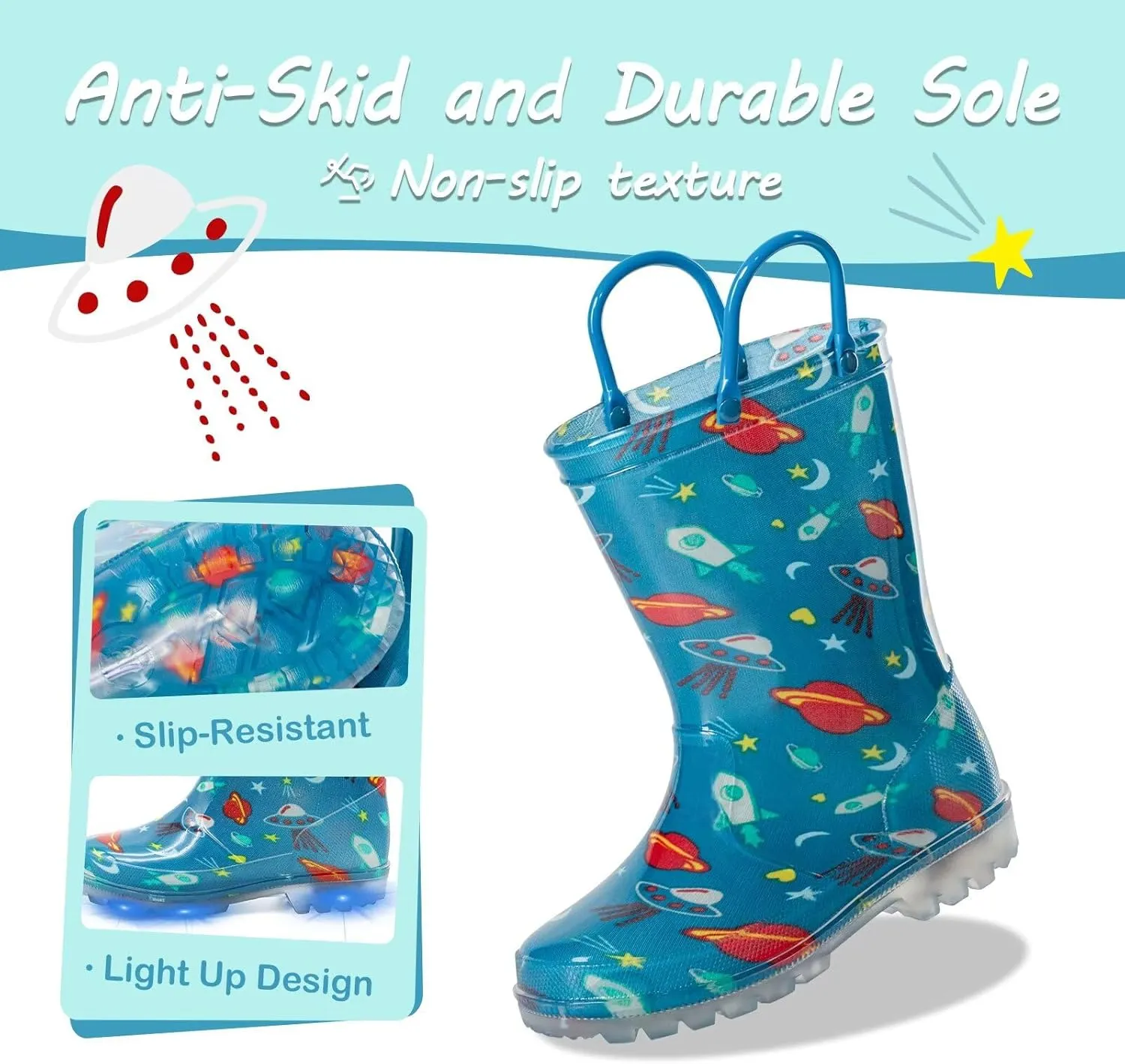 Kids Toddler Rain Boots for Girls Boys Light Up Waterproof Rain Shoes Patterns and Glitter Boot with Easy On Handles