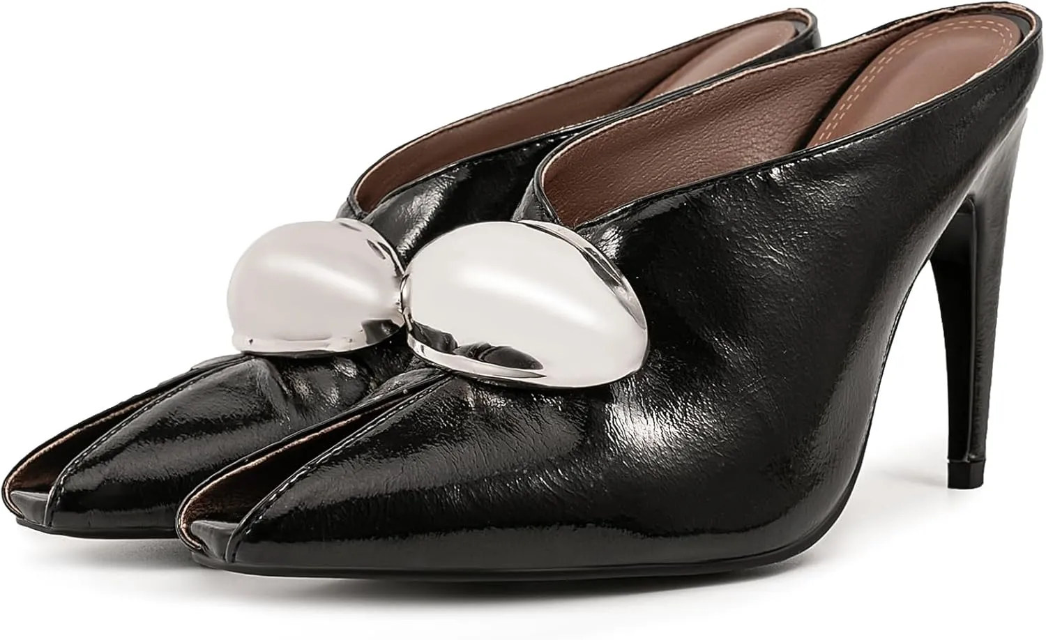 Kluolandi Peep Toe Heeled Mules for Women Sexy High Heels Slip On Mule Heels with Metallic Detail Open Toe Mules