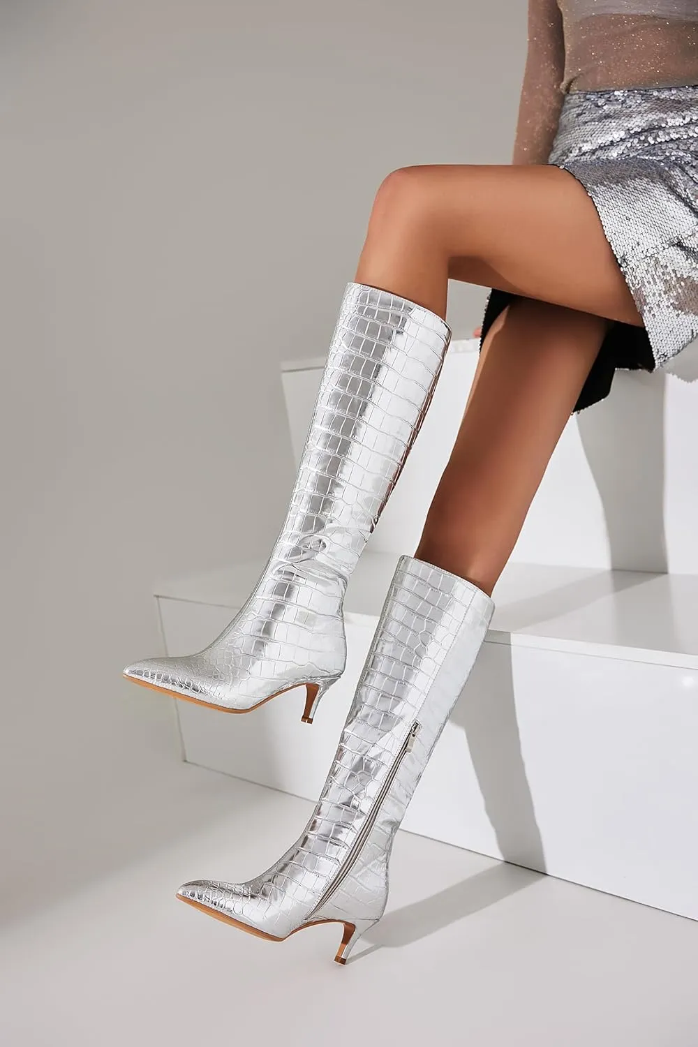 Knee High Boots Women Stiletto Heel Pointed Toe Tall Boot for Women Faux Crocodile Boots Side Zipper Fashion Long Boots