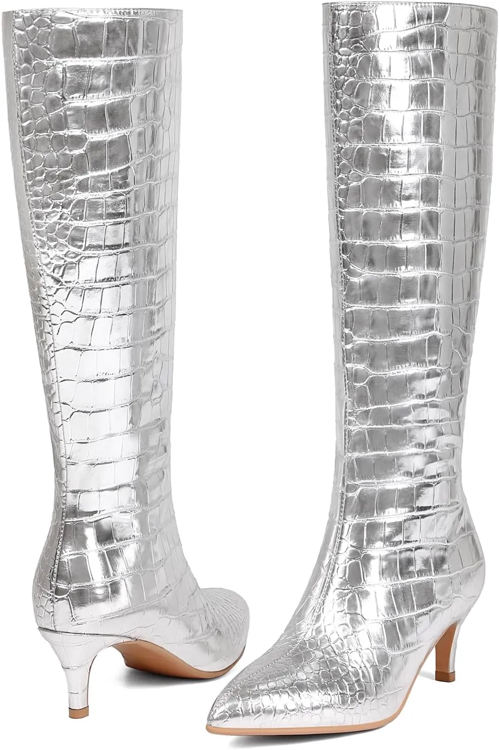 Knee High Boots Women Stiletto Heel Pointed Toe Tall Boot for Women Faux Crocodile Boots Side Zipper Fashion Long Boots