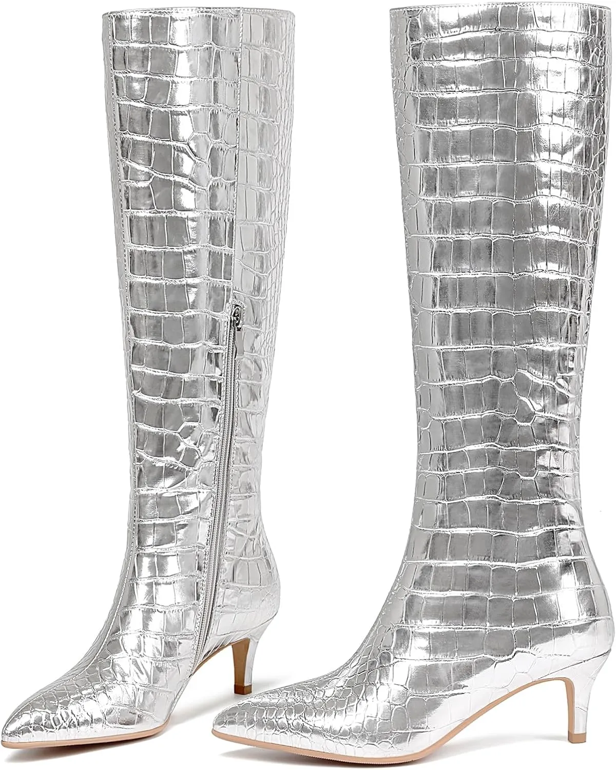 Knee High Boots Women Stiletto Heel Pointed Toe Tall Boot for Women Faux Crocodile Boots Side Zipper Fashion Long Boots