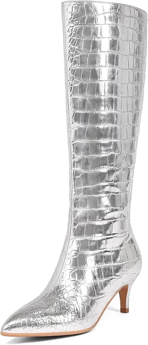 Knee High Boots Women Stiletto Heel Pointed Toe Tall Boot for Women Faux Crocodile Boots Side Zipper Fashion Long Boots