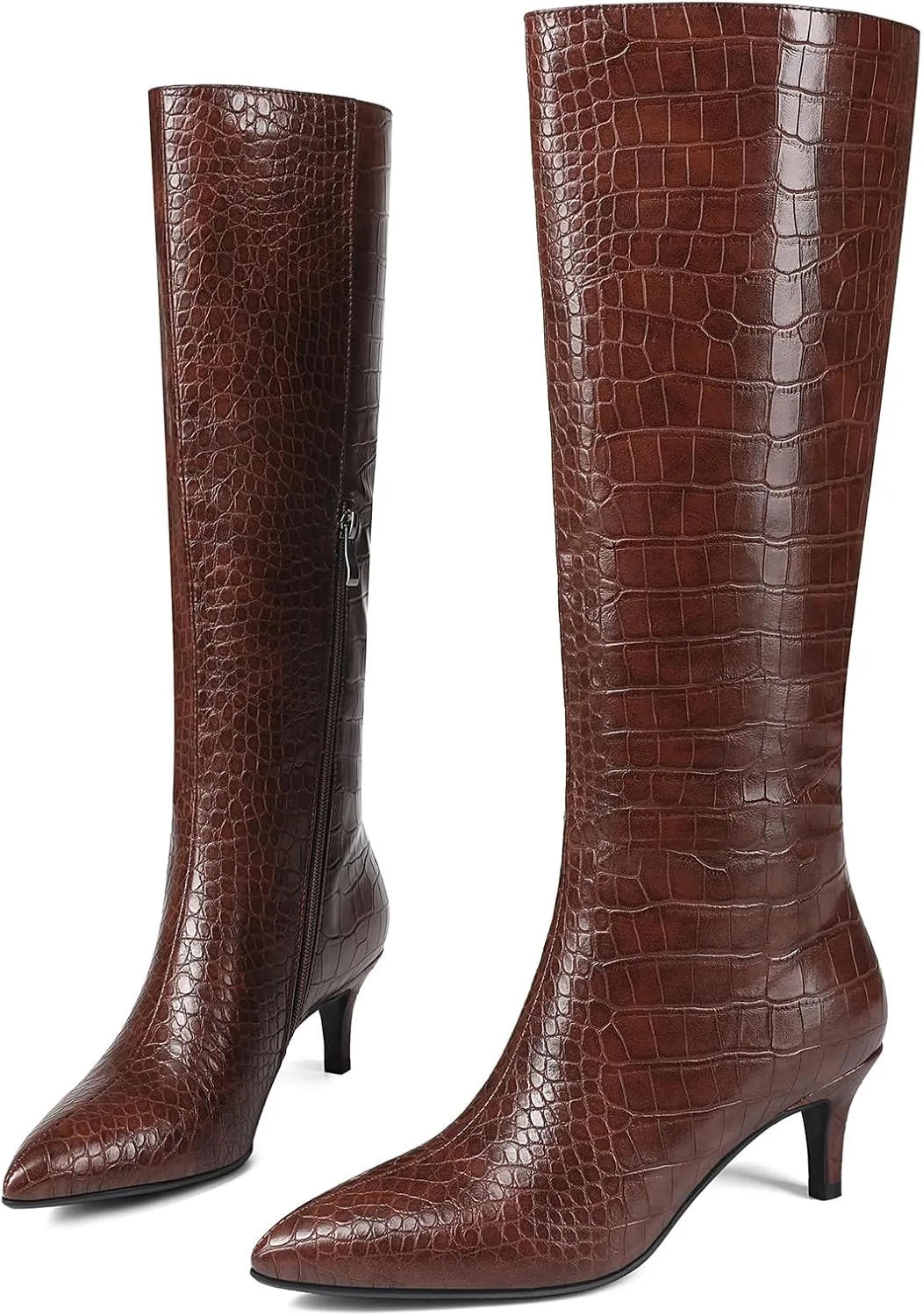 Knee High Boots Women Stiletto Heel Pointed Toe Tall Boot for Women Faux Crocodile Boots Side Zipper Fashion Long Boots