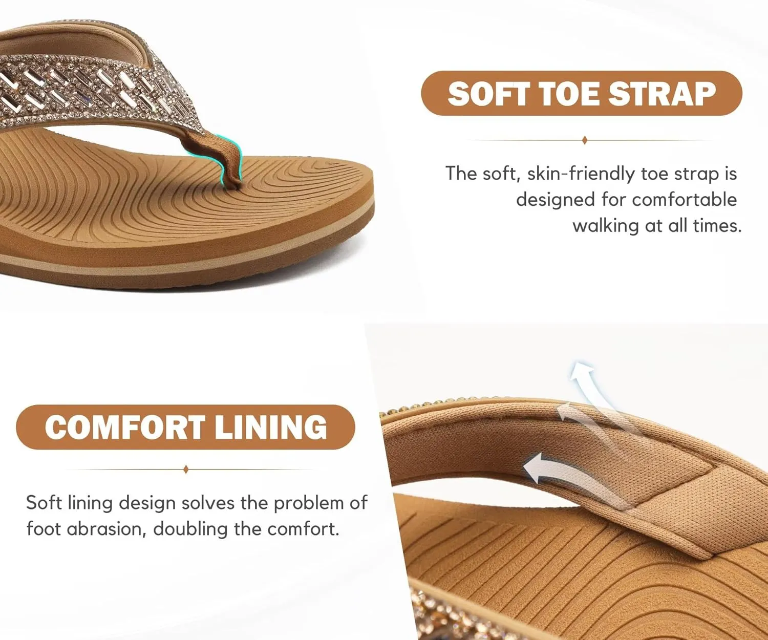 KuaiLu Womens Dressy Rhinestone Platform Flip Flops Trendy Comfortable Arch Support Cushion Walking Thong Sandals Yoga Foam Low Wedge Slippers Summer Pool Beach