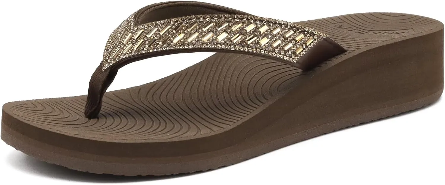 KuaiLu Womens Dressy Rhinestone Platform Flip Flops Trendy Comfortable Arch Support Cushion Walking Thong Sandals Yoga Foam Low Wedge Slippers Summer Pool Beach