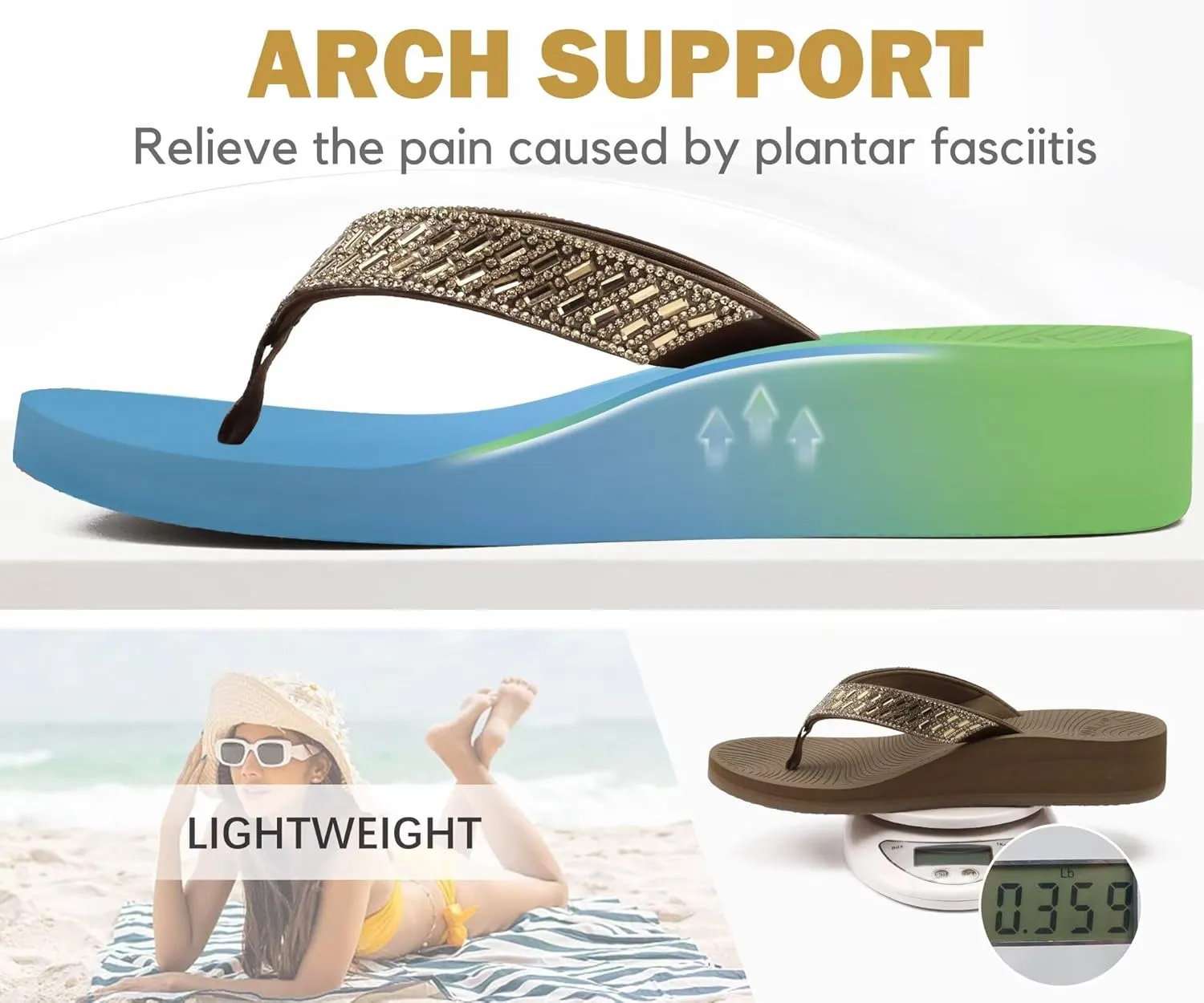 KuaiLu Womens Dressy Rhinestone Platform Flip Flops Trendy Comfortable Arch Support Cushion Walking Thong Sandals Yoga Foam Low Wedge Slippers Summer Pool Beach