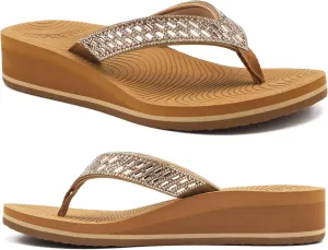KuaiLu Womens Dressy Rhinestone Platform Flip Flops Trendy Comfortable Arch Support Cushion Walking Thong Sandals Yoga Foam Low Wedge Slippers Summer Pool Beach