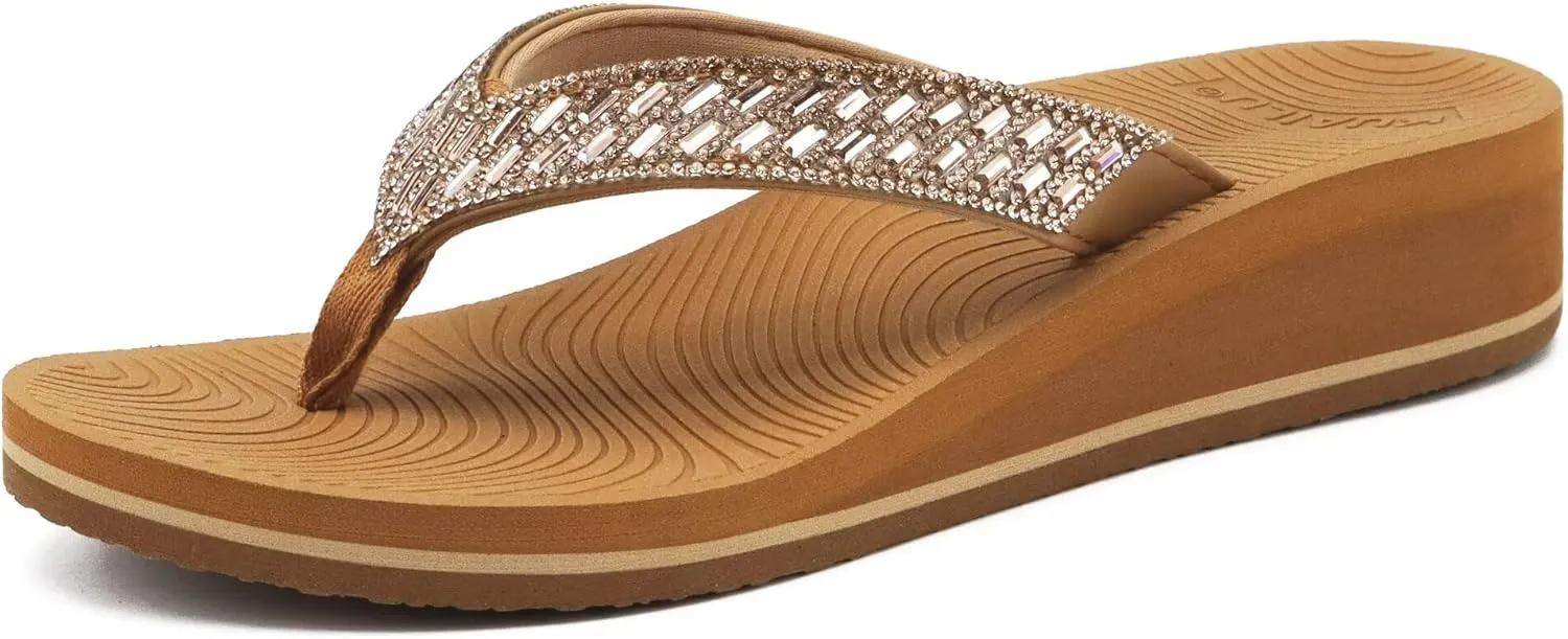 KuaiLu Womens Dressy Rhinestone Platform Flip Flops Trendy Comfortable Arch Support Cushion Walking Thong Sandals Yoga Foam Low Wedge Slippers Summer Pool Beach