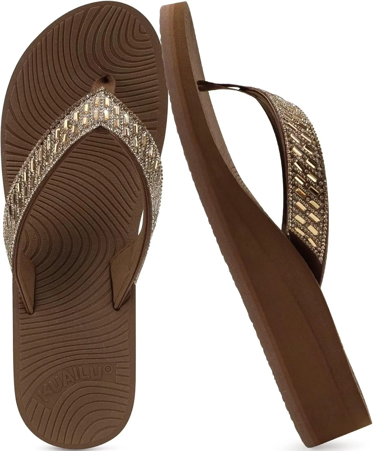KuaiLu Womens Dressy Rhinestone Platform Flip Flops Trendy Comfortable Arch Support Cushion Walking Thong Sandals Yoga Foam Low Wedge Slippers Summer Pool Beach