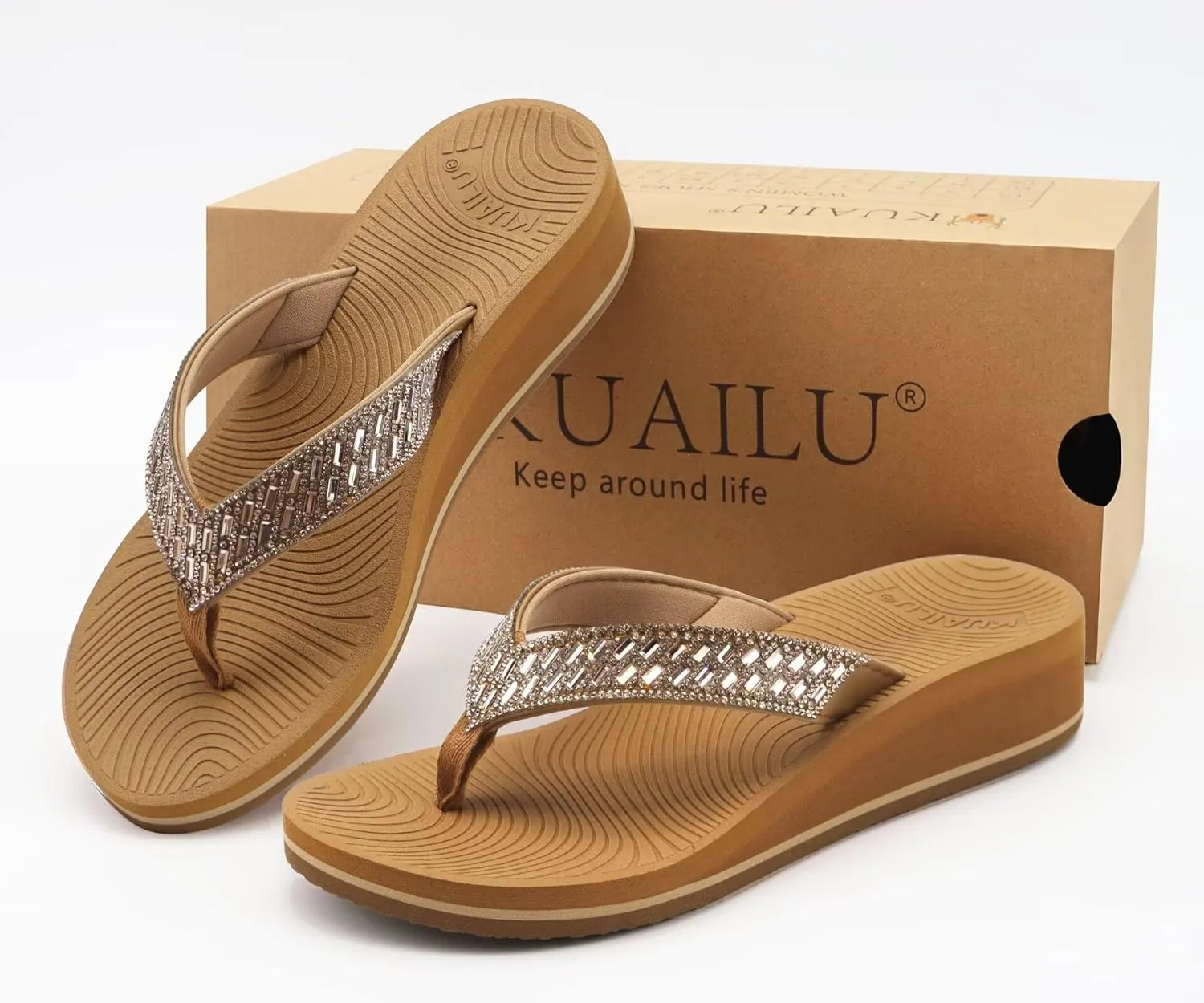 KuaiLu Womens Dressy Rhinestone Platform Flip Flops Trendy Comfortable Arch Support Cushion Walking Thong Sandals Yoga Foam Low Wedge Slippers Summer Pool Beach