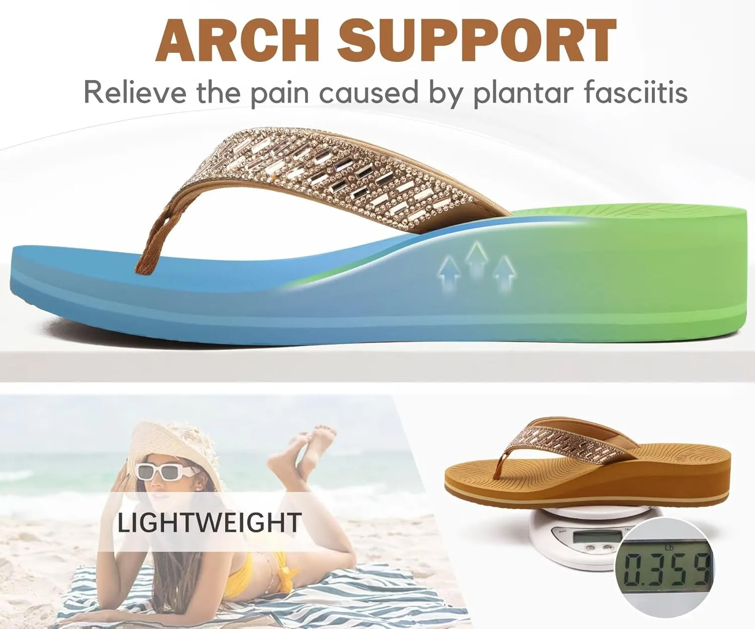 KuaiLu Womens Dressy Rhinestone Platform Flip Flops Trendy Comfortable Arch Support Cushion Walking Thong Sandals Yoga Foam Low Wedge Slippers Summer Pool Beach