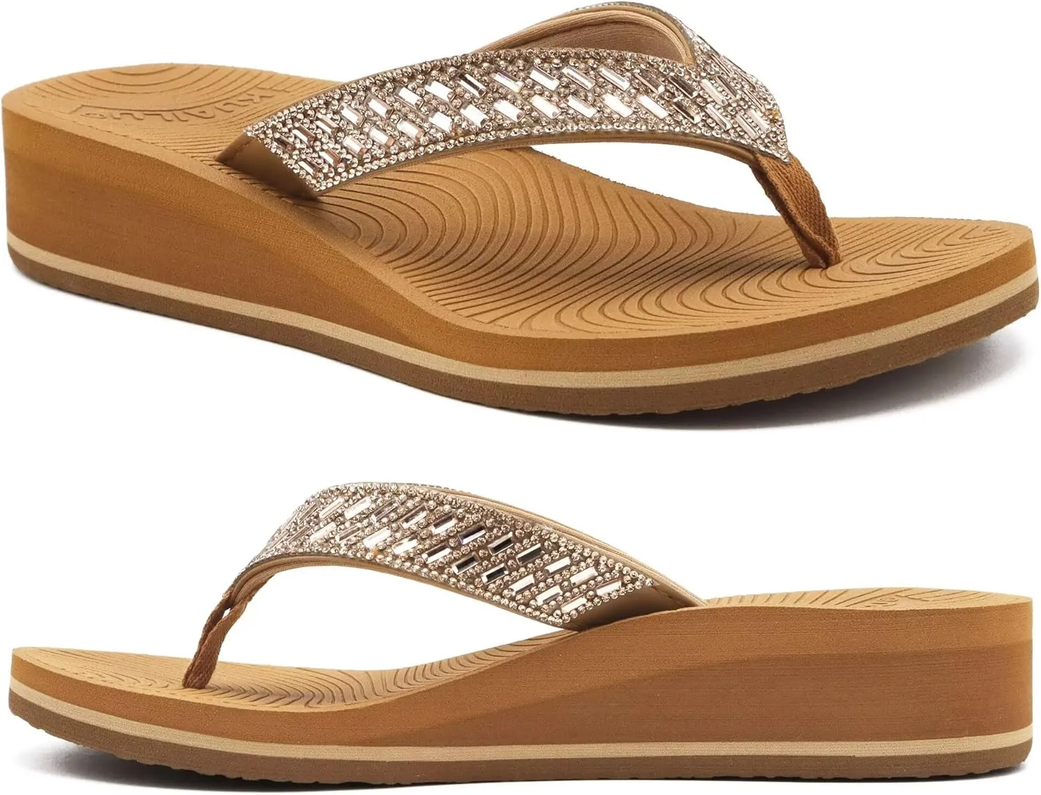 KuaiLu Womens Dressy Rhinestone Platform Flip Flops Trendy Comfortable Arch Support Cushion Walking Thong Sandals Yoga Foam Low Wedge Slippers Summer Pool Beach