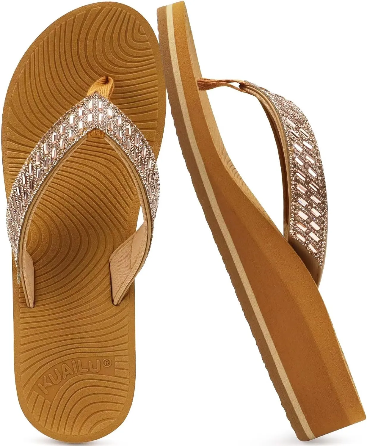 KuaiLu Womens Dressy Rhinestone Platform Flip Flops Trendy Comfortable Arch Support Cushion Walking Thong Sandals Yoga Foam Low Wedge Slippers Summer Pool Beach