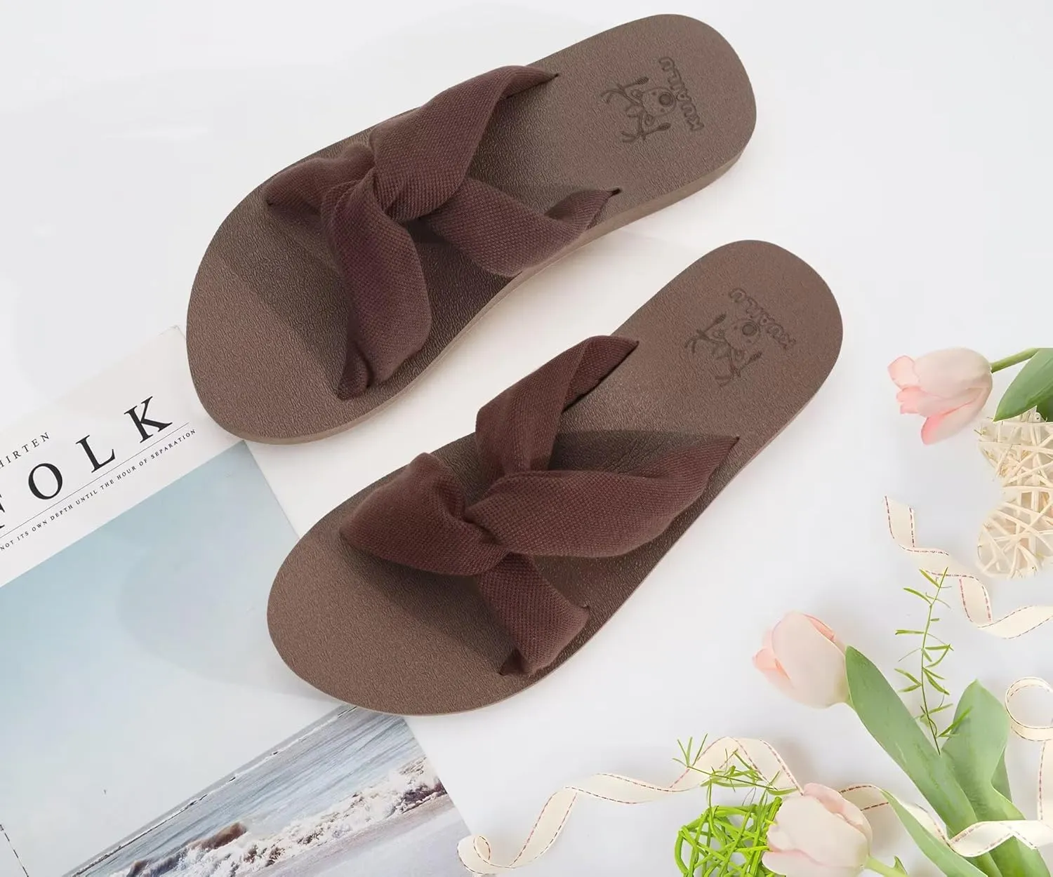 KuaiLu Womens Dressy Sandals with Arch Support Yoga Mat Comfortable Cushion Walking Criss Cross Slides Summer Beach Slip On Indoor Outdoor Slippers
