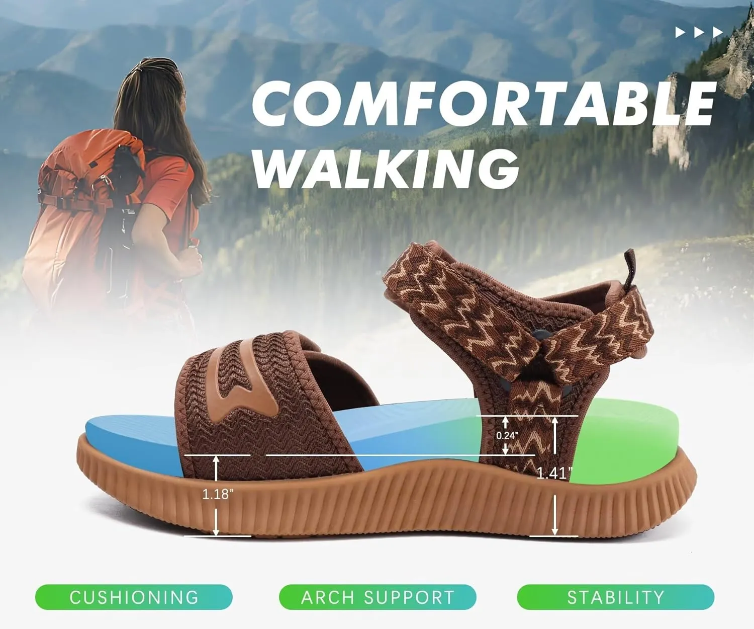 KuaiLu Womens Orthopedic Walking Sandals Ladies Recovery Sport Thick Athletic Cushion Outdoor Hiking Water Sandles Adjustable Strap Sandals with Comfortable Plantar Fasciitis Arch Support