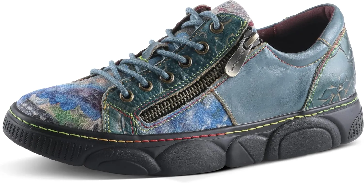 L'Artiste by Spring Step Women's Danli-Bloom Sneaker – Hand-Painted Leather Platform Shoes with Zipper & Lace-Up Closure, Removable Insole, Rainbow Stitching, Comfort Fit Black Multi EU 42/10.5-11