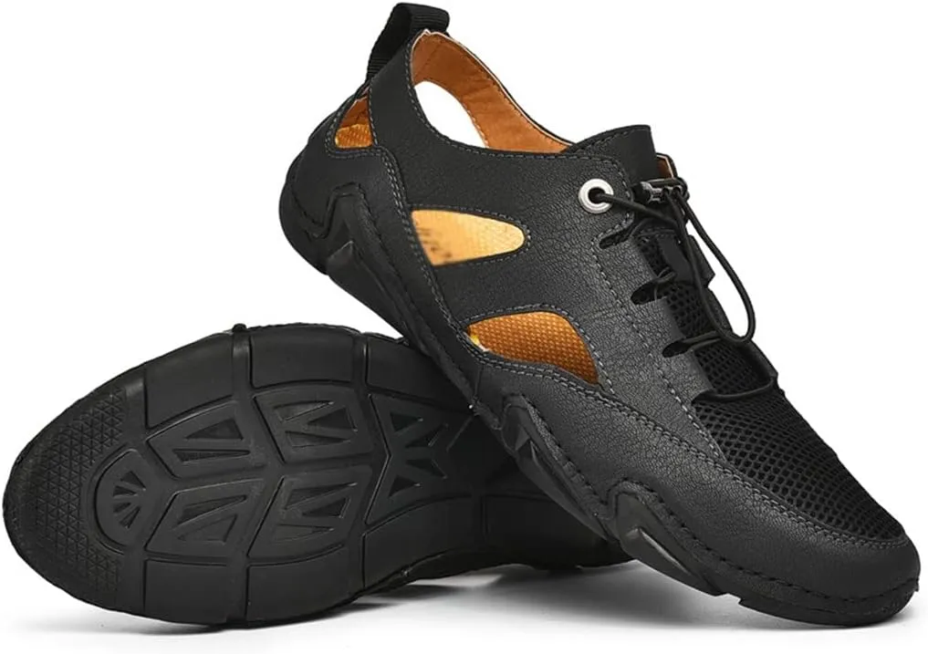 Leather Mens Sandals Breathable Mesh Casual Shoes Men Outdoor Beach Sandals Men Slippers(40)