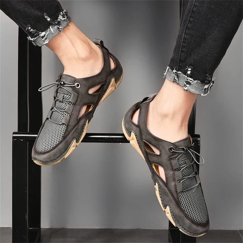 Leather Mens Sandals Breathable Mesh Casual Shoes Men Outdoor Beach Sandals Men Slippers(46)