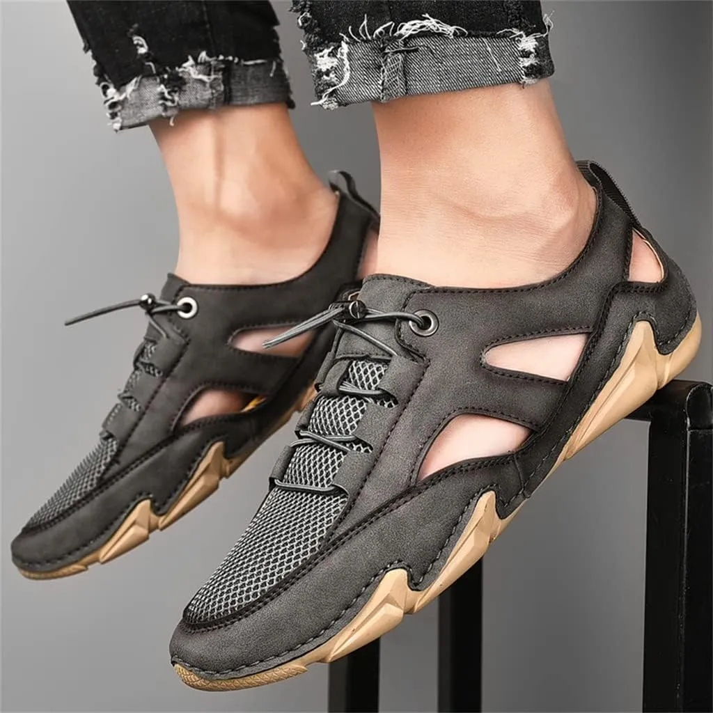 Leather Mens Sandals Breathable Mesh Casual Shoes Men Outdoor Beach Sandals Men Slippers(46)