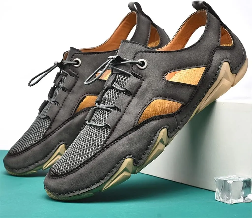 Leather Mens Sandals Breathable Mesh Casual Shoes Men Outdoor Beach Sandals Men Slippers(46)
