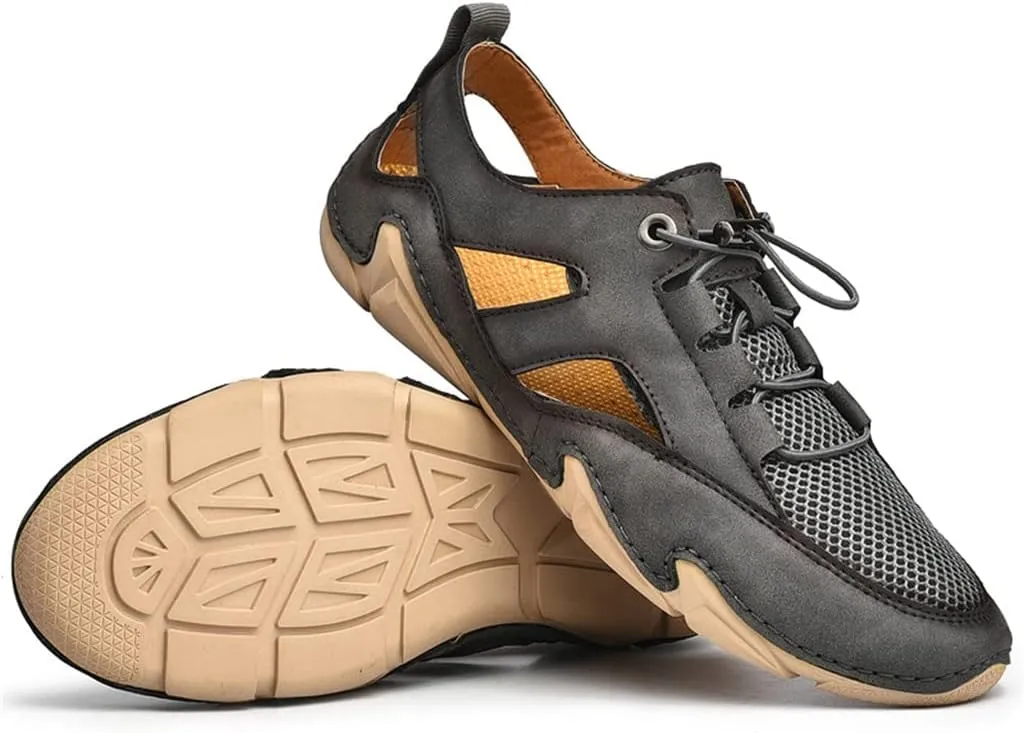Leather Mens Sandals Breathable Mesh Casual Shoes Men Outdoor Beach Sandals Men Slippers(46)