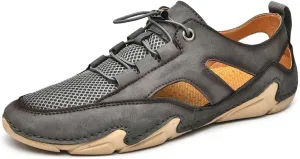 Leather Mens Sandals Breathable Mesh Casual Shoes Men Outdoor Beach Sandals Men Slippers(46)