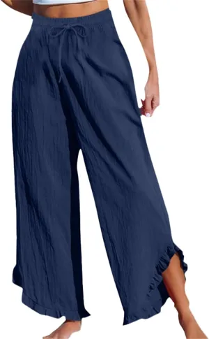 Lightweight Linen Casual Pants for Women Oversized Stretch Drawstring Ruffle Hem Trouser Beach Boho Casual Sweatpants