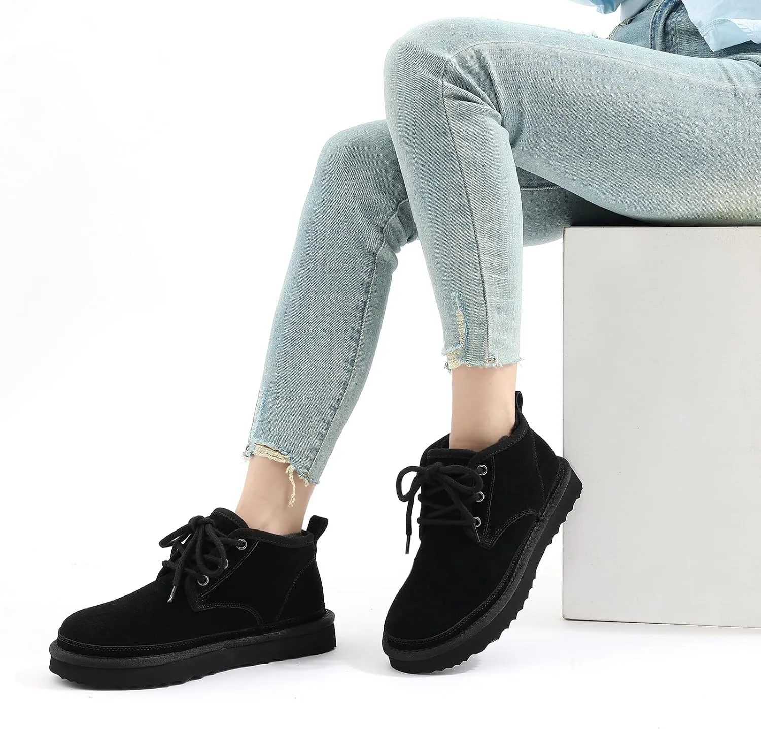 Litfun Fur Lined Ankle Boots for Women Genuine Suede Mini Booties Short Lace Up Snow Boots