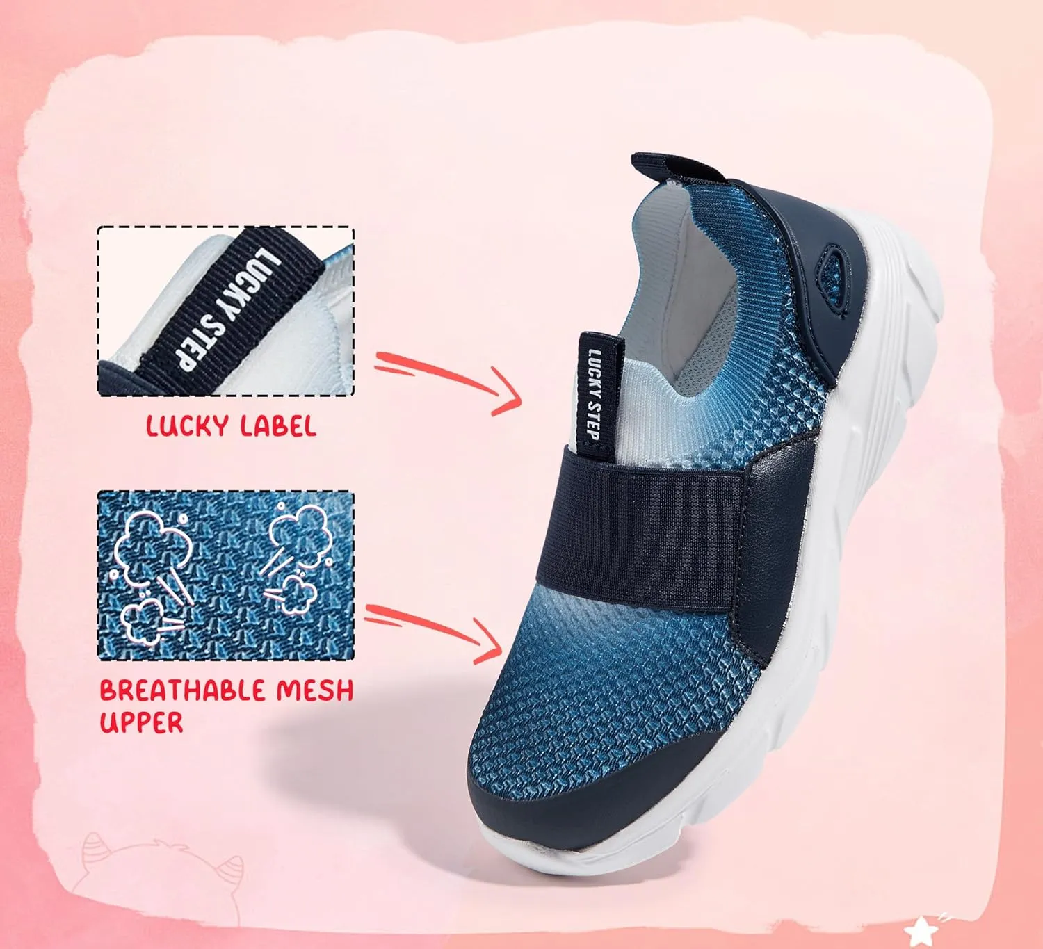 LUCKY STEP Little Kids Sneakers Breathable Mesh Walking Shoes Slip On Lightweight Athletic Trainers for Boys Girls