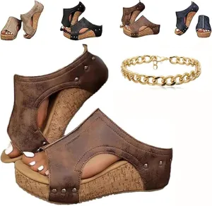 Lumi Cork Wedges,ComfortablePlatform Slippers for Women,Fashionable Summer Leather Sandals,Lightweight Non-slip Hollow Slippers