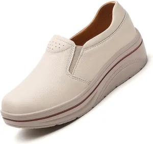 MEBAMY Women's Leather Soft Slip-On Loafers,Round Toe Platform Casual Sneakers,Non-Slip Heighten Low Top Comfortable Walking Loafers Black