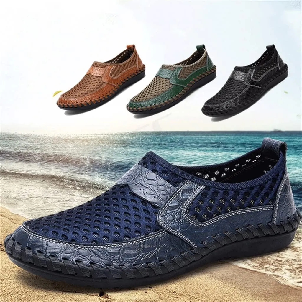 Men Casual Shoes Breathable Mesh Cloth Loafers Soft Flats Sandals Handmade Male Driving Shoes Large Size(Blue,38 Code)