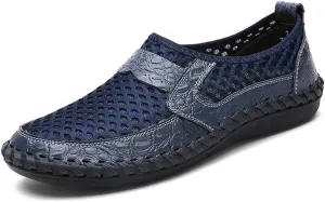 Men Casual Shoes Breathable Mesh Cloth Loafers Soft Flats Sandals Handmade Male Driving Shoes Large Size(Blue,38 Code)