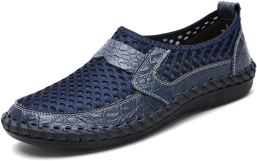 Men Casual Shoes Breathable Mesh Cloth Loafers Soft Flats Sandals Handmade Male Driving Shoes Large Size(Blue,38 Code)