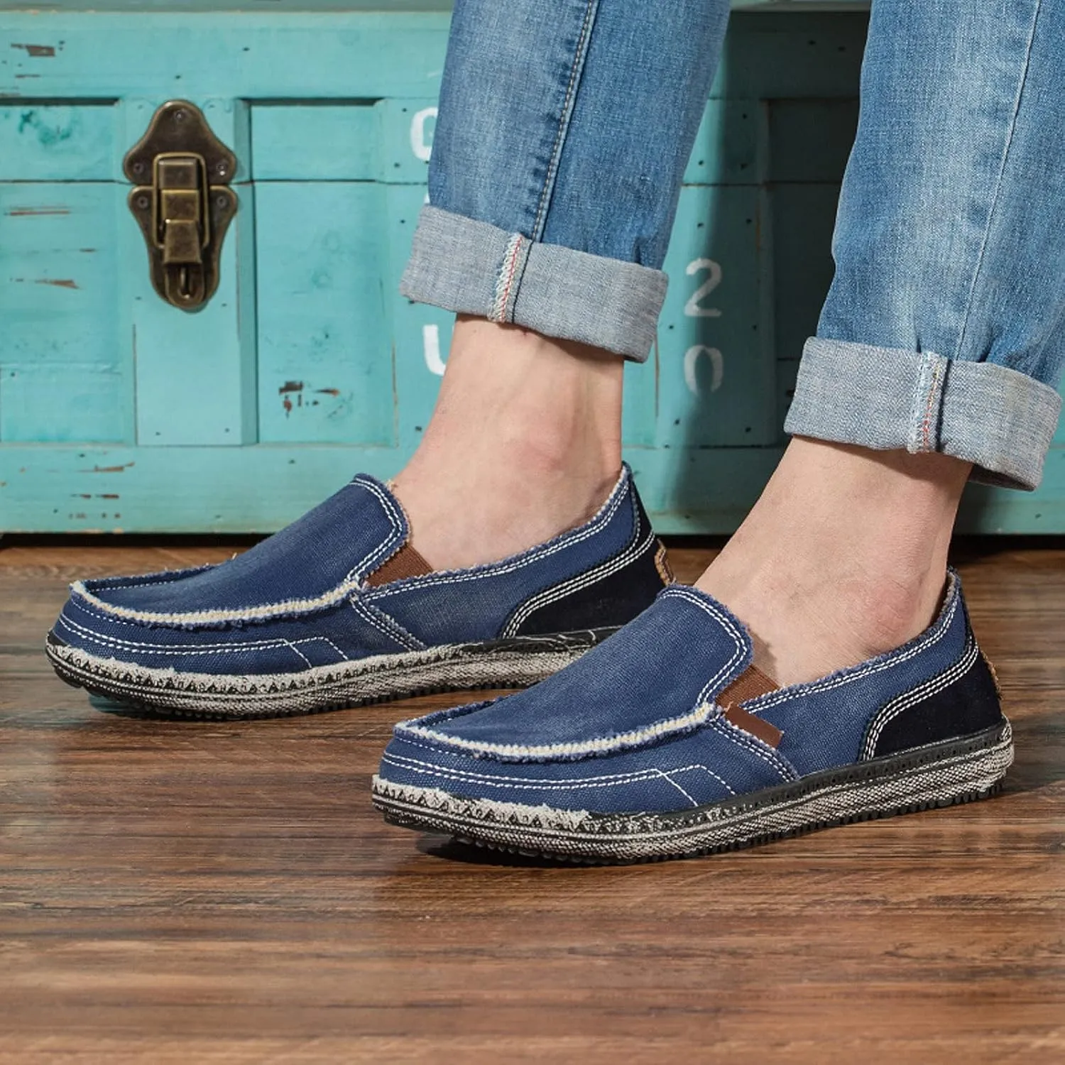 Men's Canvas Slip on Loafers Lightweight Breathable Cloth Shoes Vintage Boat Shoes Casual Flat Loafer Outdoor Walking Sneakers