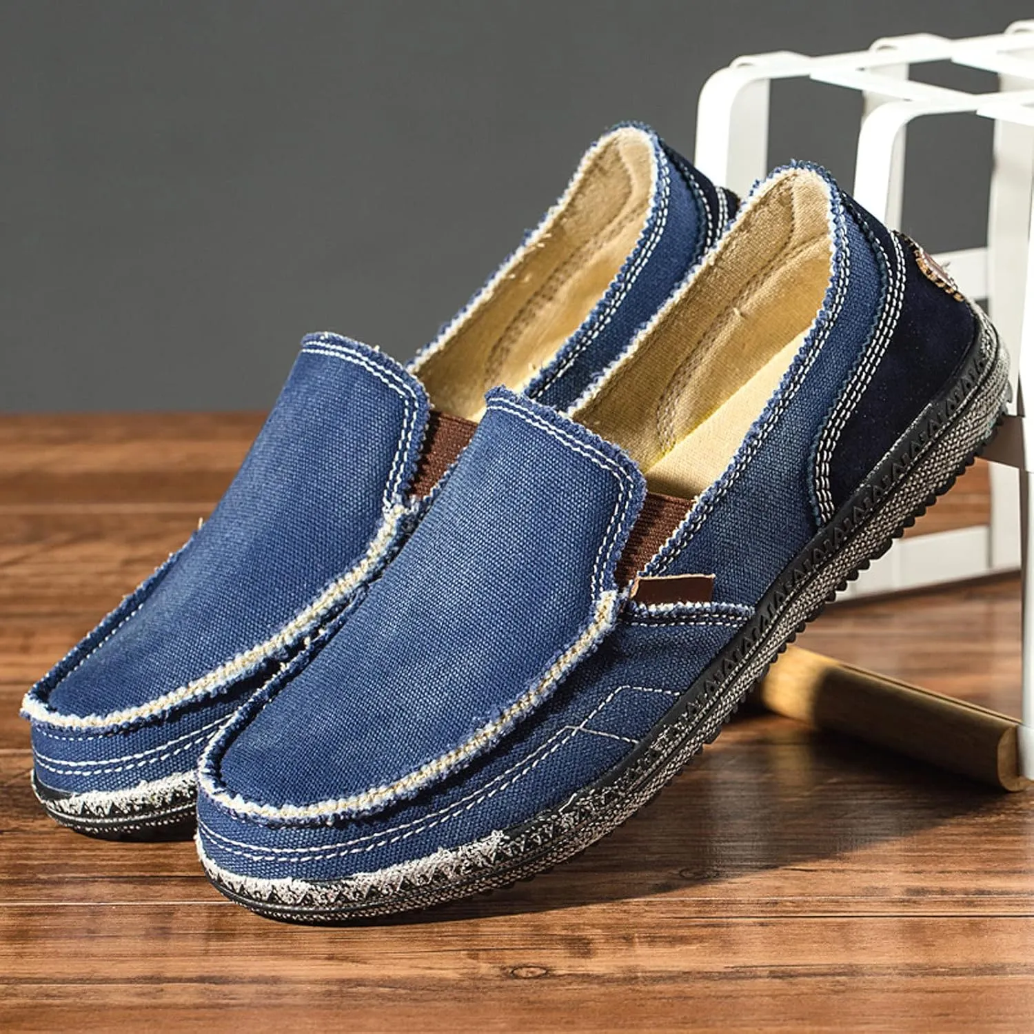 Men's Canvas Slip on Loafers Lightweight Breathable Cloth Shoes Vintage Boat Shoes Casual Flat Loafer Outdoor Walking Sneakers