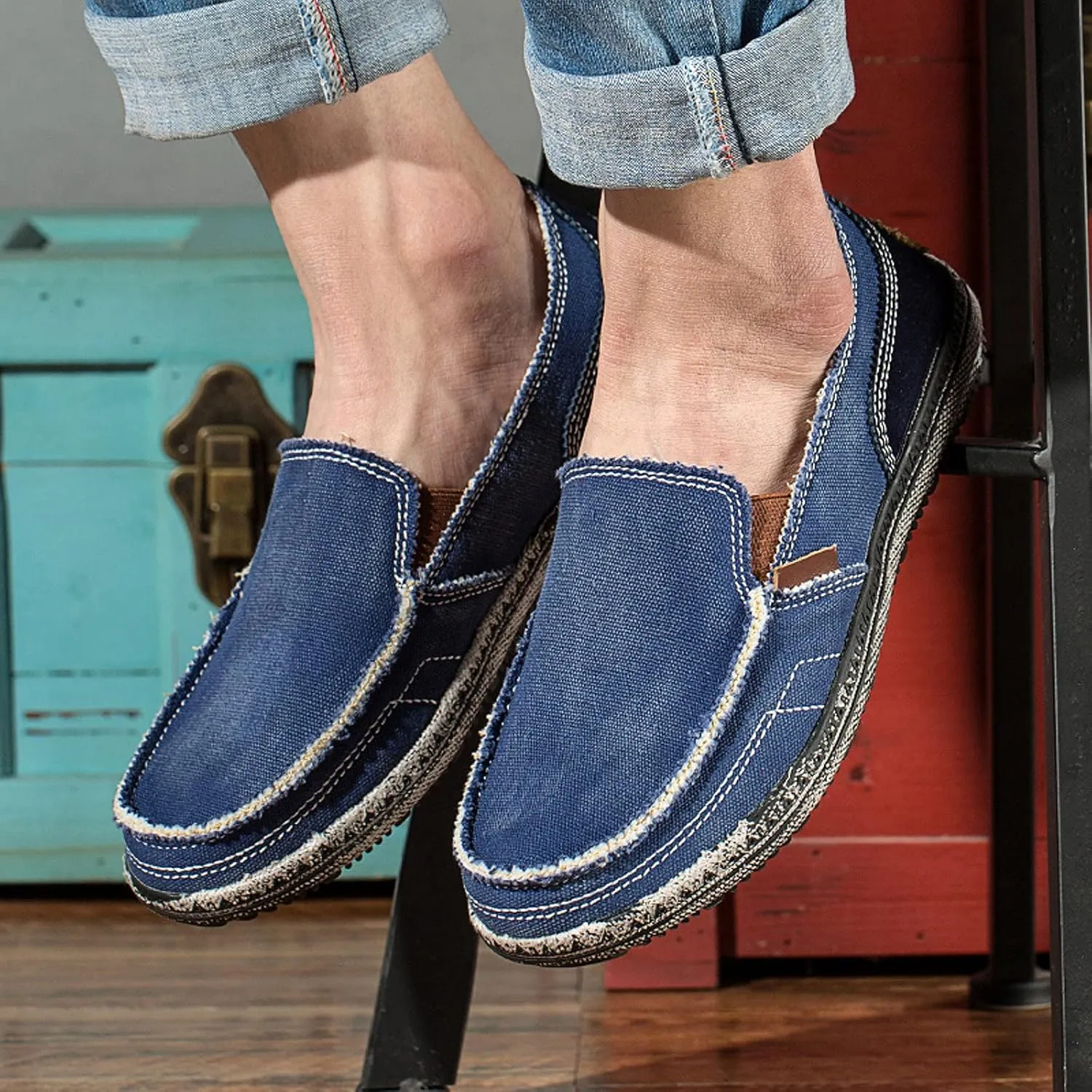 Men's Canvas Slip on Loafers Lightweight Breathable Cloth Shoes Vintage Boat Shoes Casual Flat Loafer Outdoor Walking Sneakers