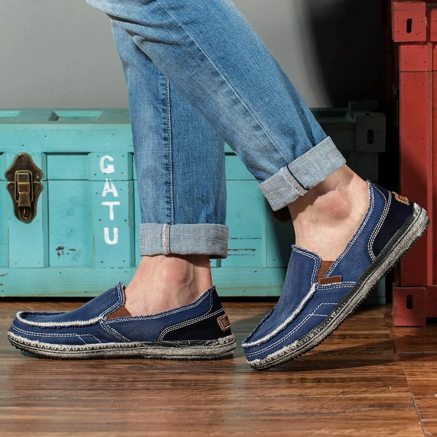 Men's Canvas Slip on Loafers Lightweight Breathable Cloth Shoes Vintage Boat Shoes Casual Flat Loafer Outdoor Walking Sneakers