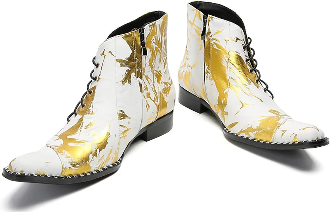 Men's Chelsea Cowboy Boots - Western Lace-Up Ankle Boots for Urban Parties/Western Weddings, Premium Leather Dress-Casual Boots with Ornamental Stitching
