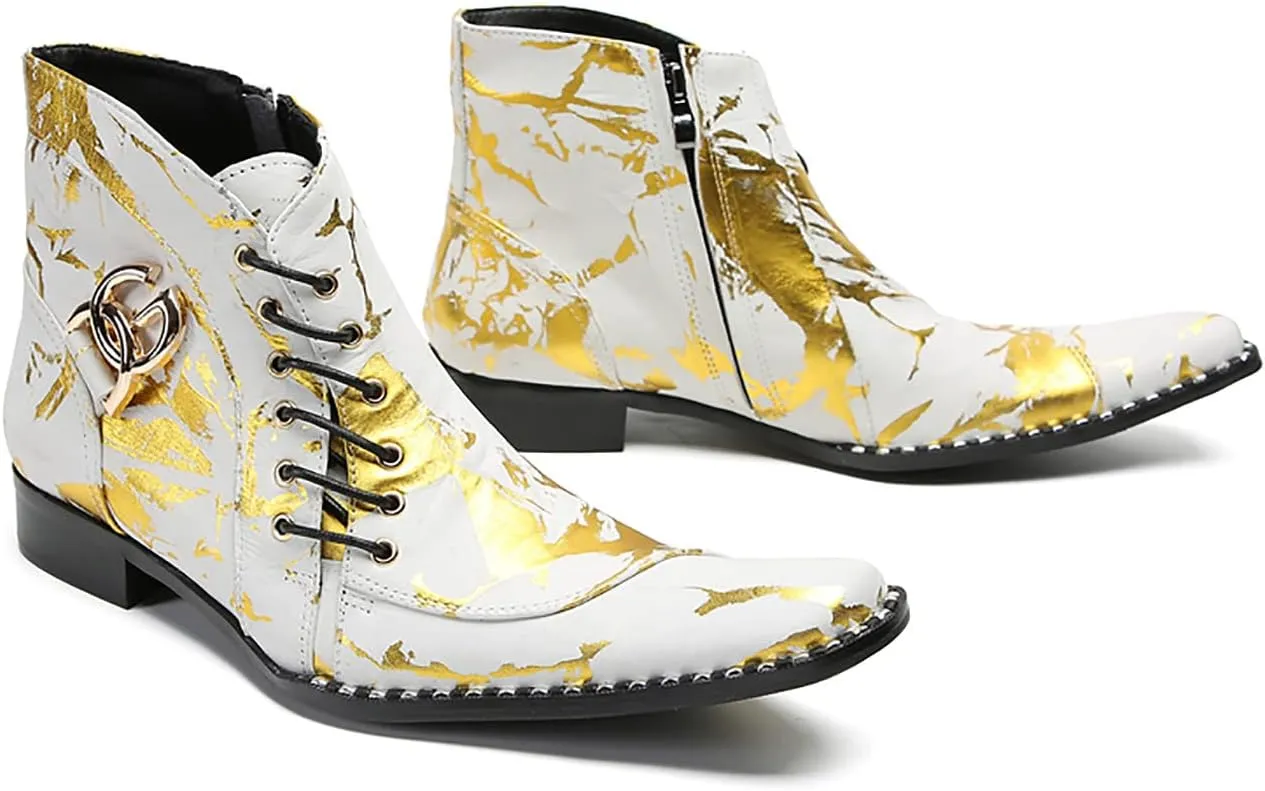 Men's Chelsea Cowboy Boots - Western Lace-Up Ankle Boots for Urban Parties/Western Weddings, Premium Leather Dress-Casual Boots with Ornamental Stitching