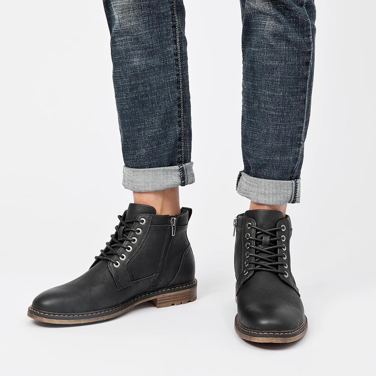 Men's Chukka Boots Casual Dress Boots Zipper Motorcycle Combat Boots Waterproof Ankle Boots Lace Up Fashion Leather Boots