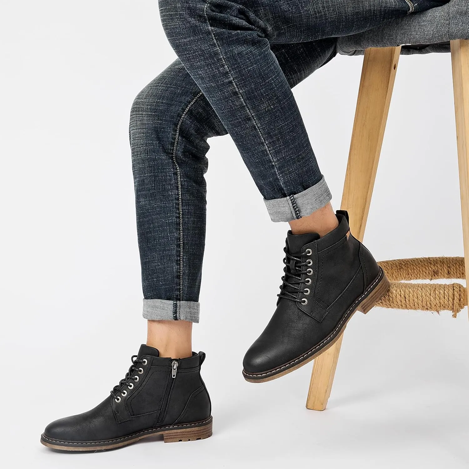 Men's Chukka Boots Casual Dress Boots Zipper Motorcycle Combat Boots Waterproof Ankle Boots Lace Up Fashion Leather Boots