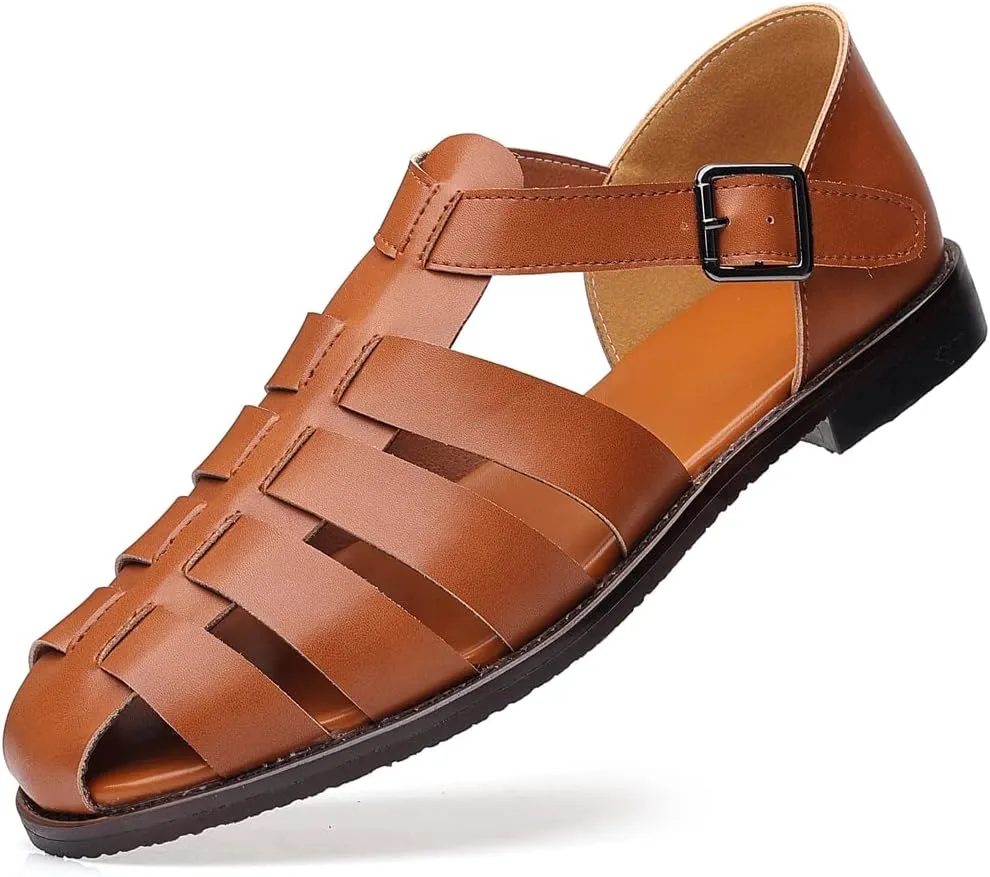 Mens Closed Toe Sandals Ankle Buckle Hollow Out Roman Shoes Outdoor Fisherman Adjustable Beach Summer Sandals Anti Slip Flat Sandals Comfort Casual Walking Shoes Lightweight T-Strap Ankle Strap Sandal