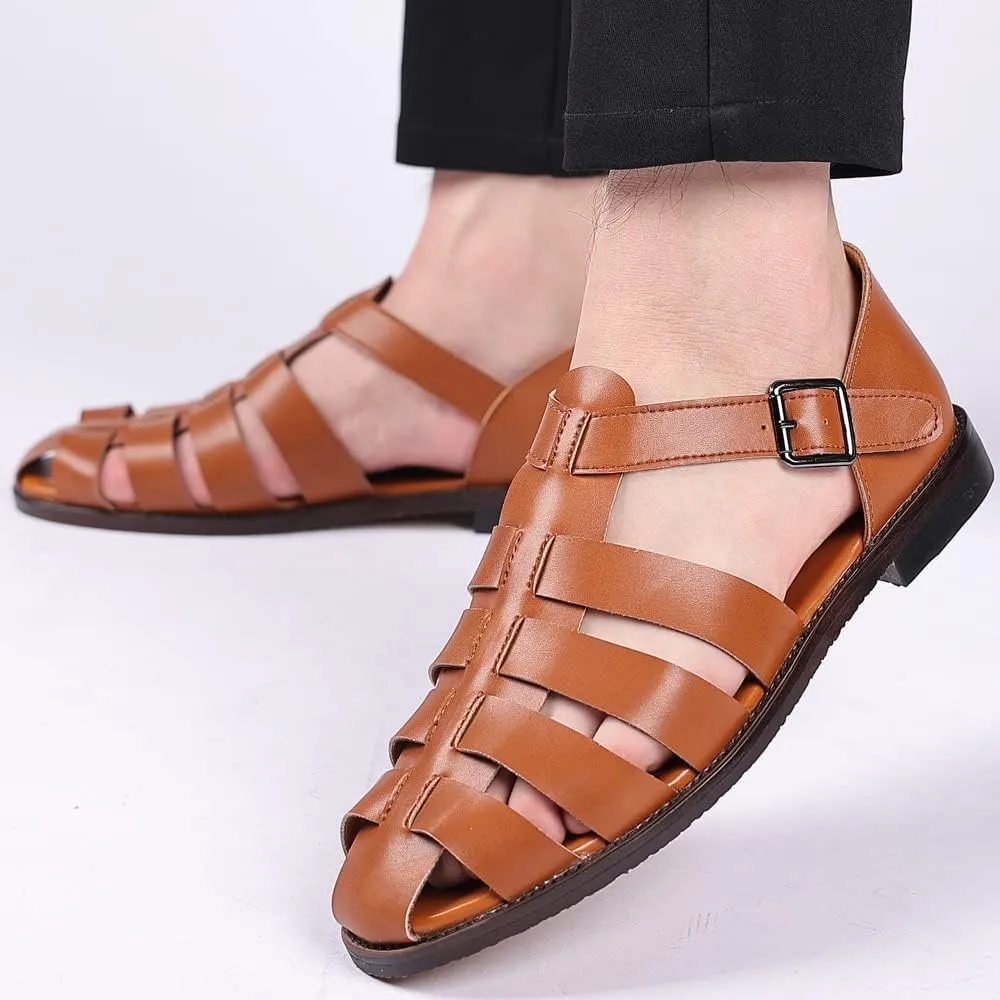 Mens Closed Toe Sandals Ankle Buckle Hollow Out Roman Shoes Outdoor Fisherman Adjustable Beach Summer Sandals Anti Slip Flat Sandals Comfort Casual Walking Shoes Lightweight T-Strap Ankle Strap Sandal