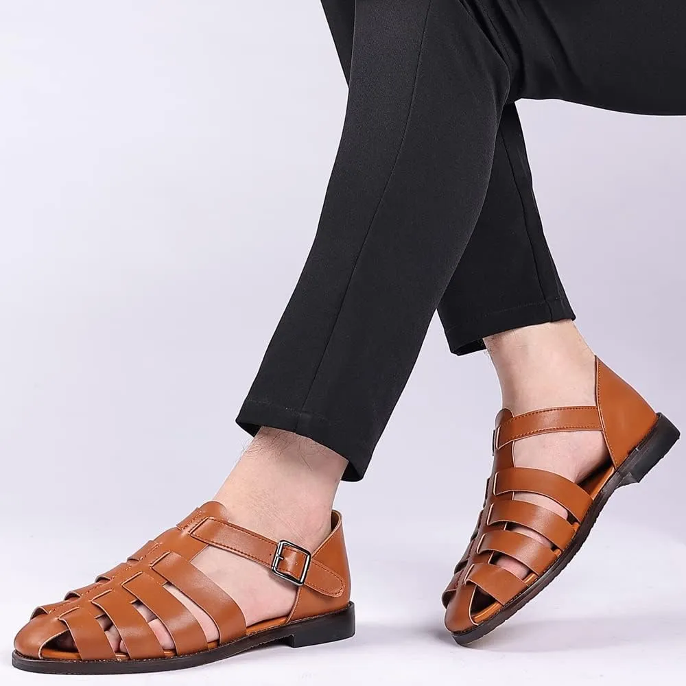 Mens Closed Toe Sandals Ankle Buckle Hollow Out Roman Shoes Outdoor Fisherman Adjustable Beach Summer Sandals Anti Slip Flat Sandals Comfort Casual Walking Shoes Lightweight T-Strap Ankle Strap Sandal