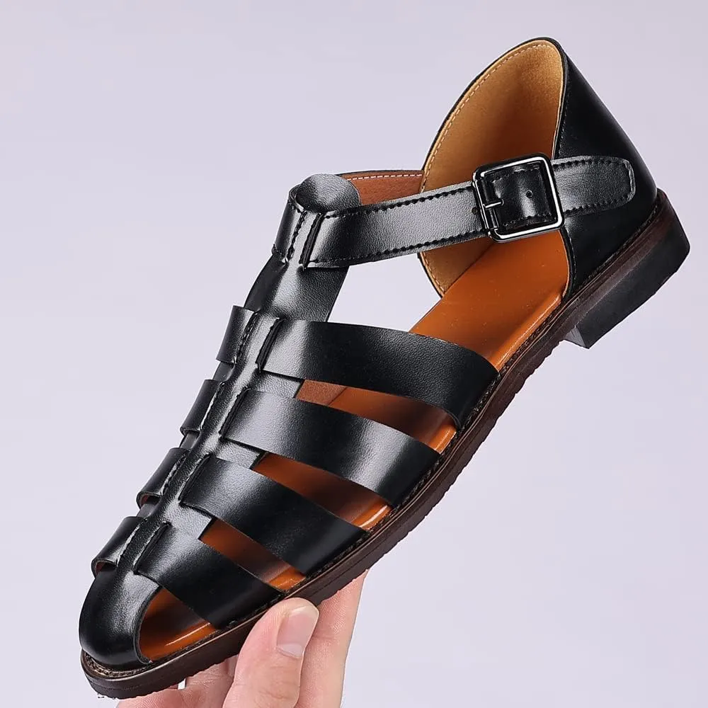 Mens Closed Toe Sandals Ankle Buckle Hollow Out Roman Shoes Outdoor Fisherman Adjustable Beach Summer Sandals Anti Slip Flat Sandals Comfort Casual Walking Shoes Lightweight T-Strap Ankle Strap Sandal