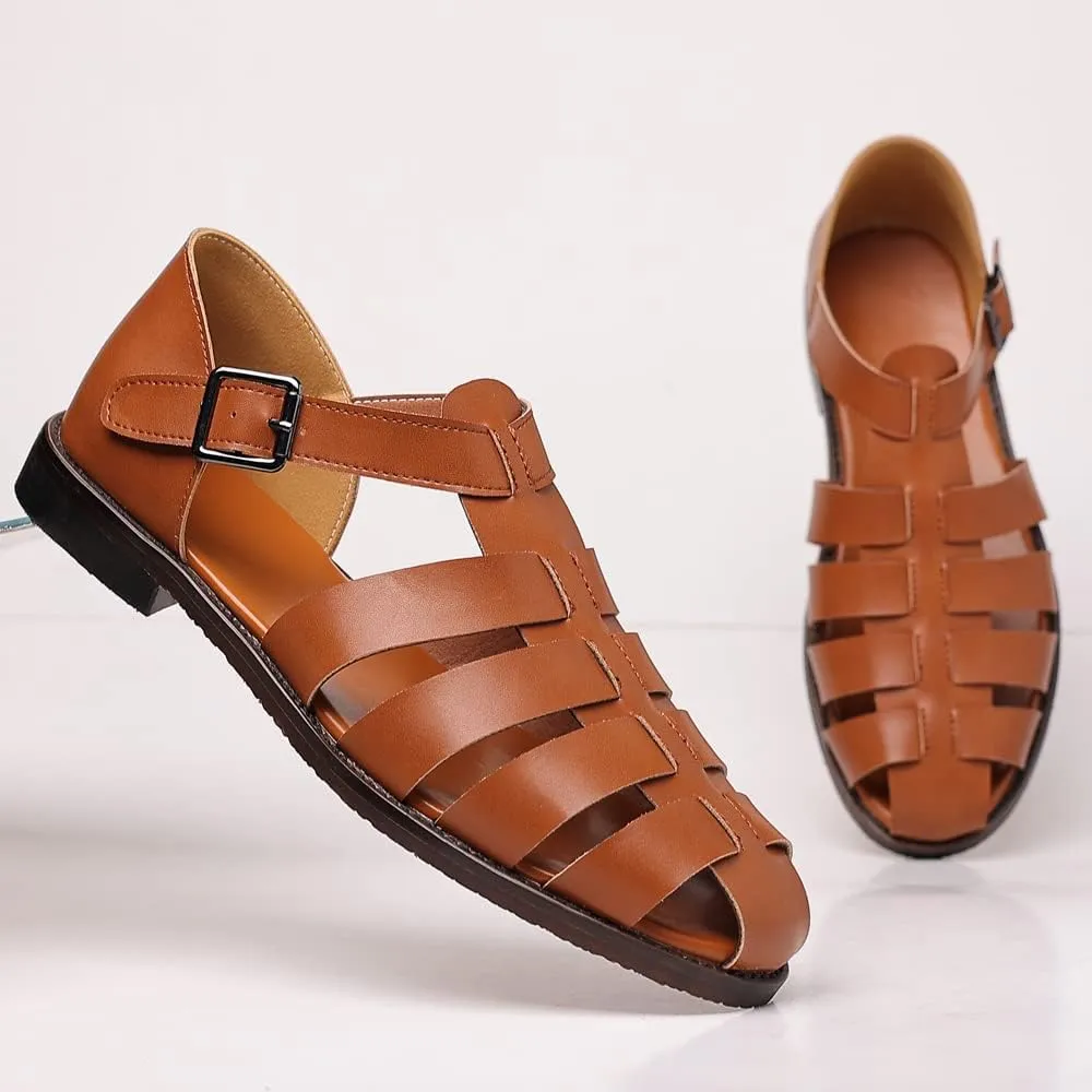Mens Closed Toe Sandals Ankle Buckle Hollow Out Roman Shoes Outdoor Fisherman Adjustable Beach Summer Sandals Anti Slip Flat Sandals Comfort Casual Walking Shoes Lightweight T-Strap Ankle Strap Sandal